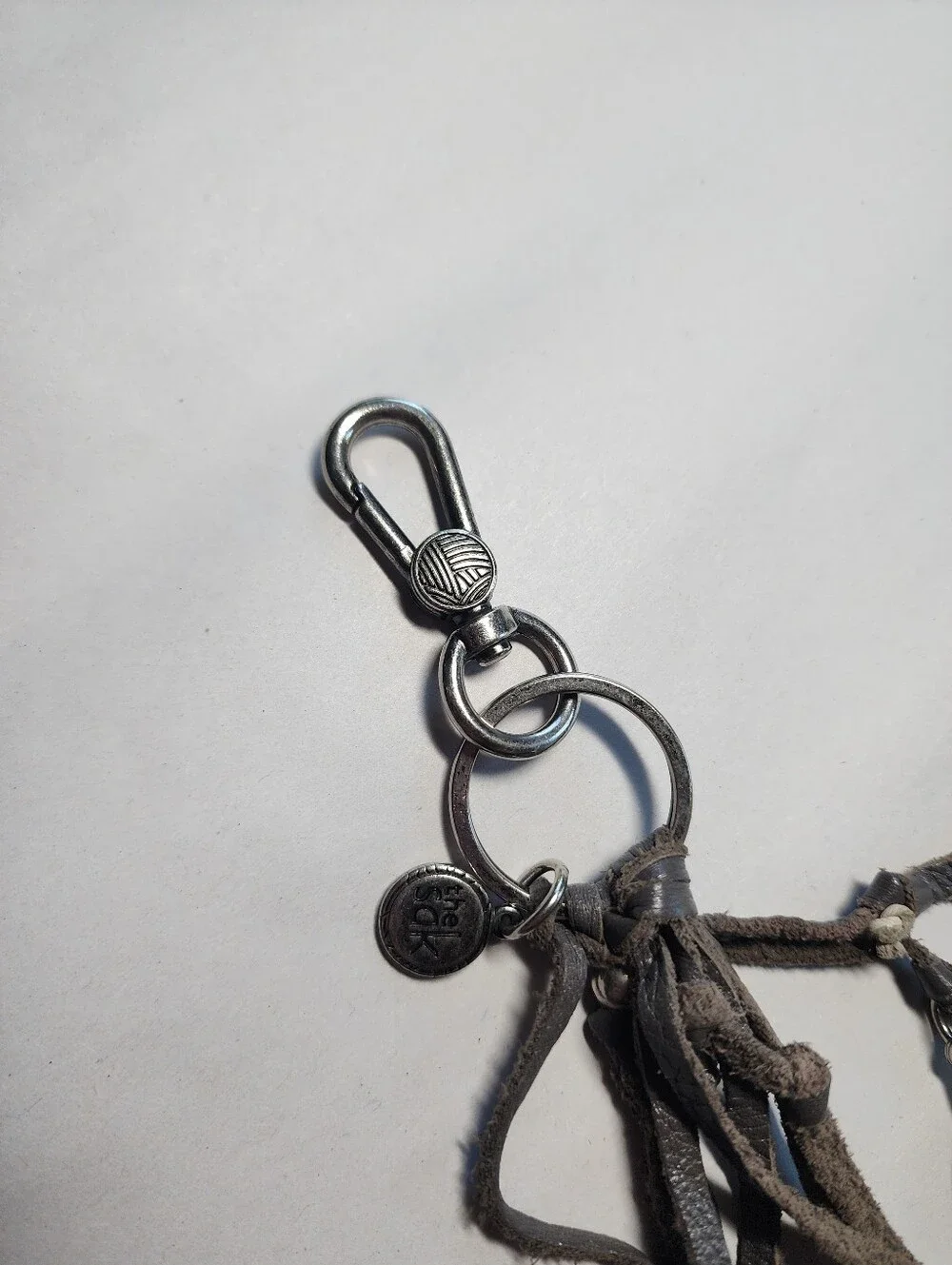 The Sak Leather Feather Tassel Keychain Charm Gray, White & Brown Bohemian